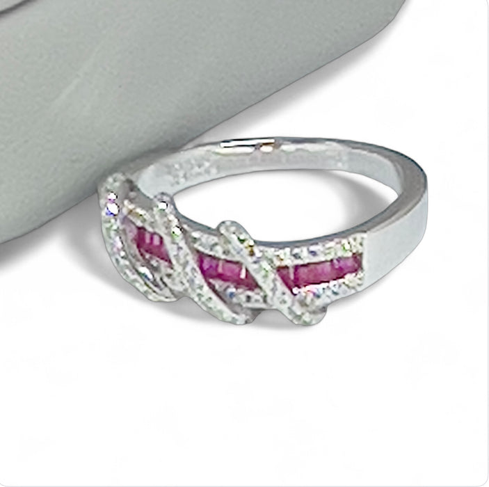 Sterling Silver Elegant Twisted Ruby & Clear CZ Ring-AE-63