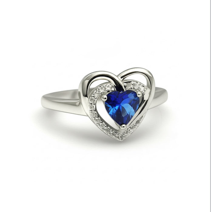 Sterling Silver Precious Heart Blue Sapphire CZ Ring-AE-56