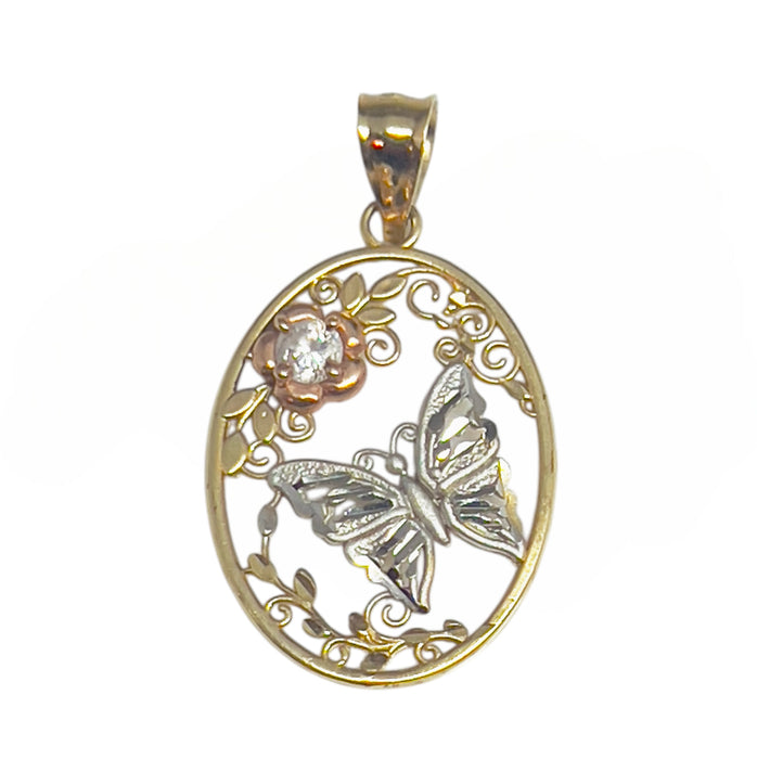 Solid 14K Gold Oval Tri-Color Flower CZ Butterfly Pendant-GP-18