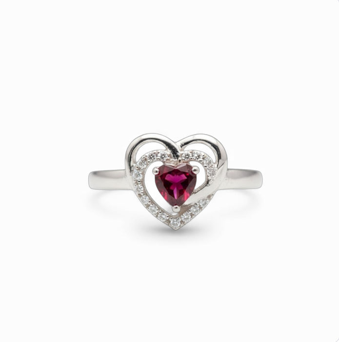 Sterling Silver Precious Heart Garnet CZ Ring-AE-55