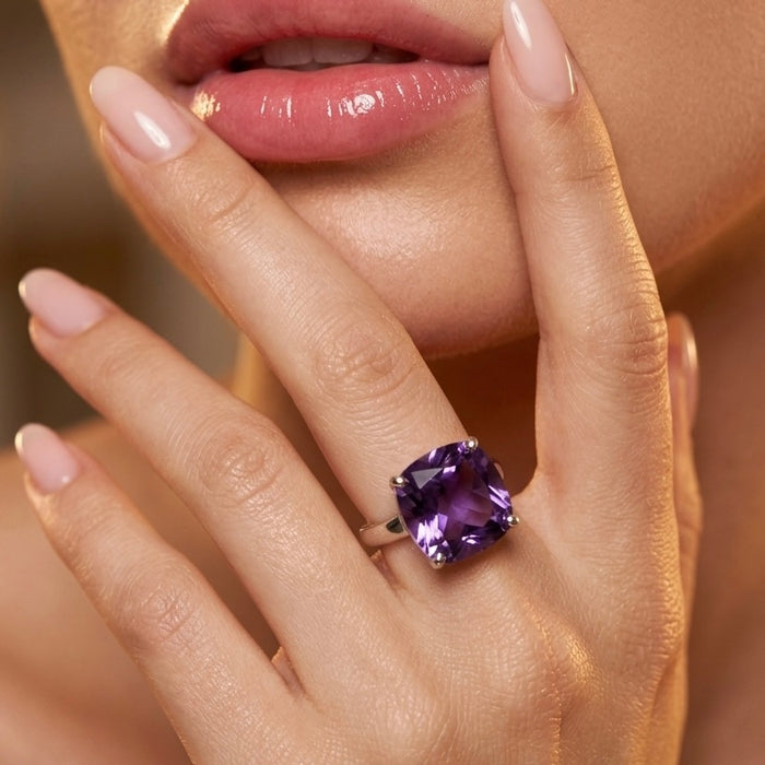 Sterling Silver Cushion Cut Amethyst CZ Ring-AE-18