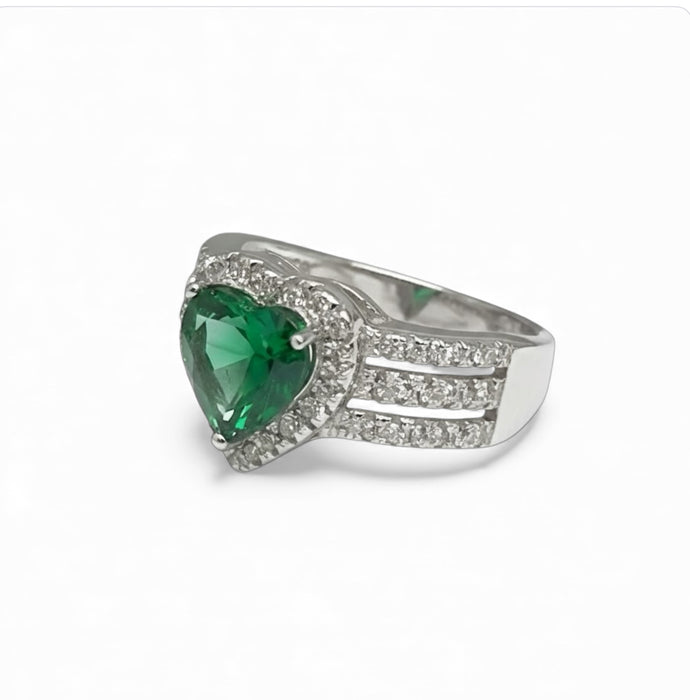 Sterling Silver Emerald Heart CZ Ring-AE-29