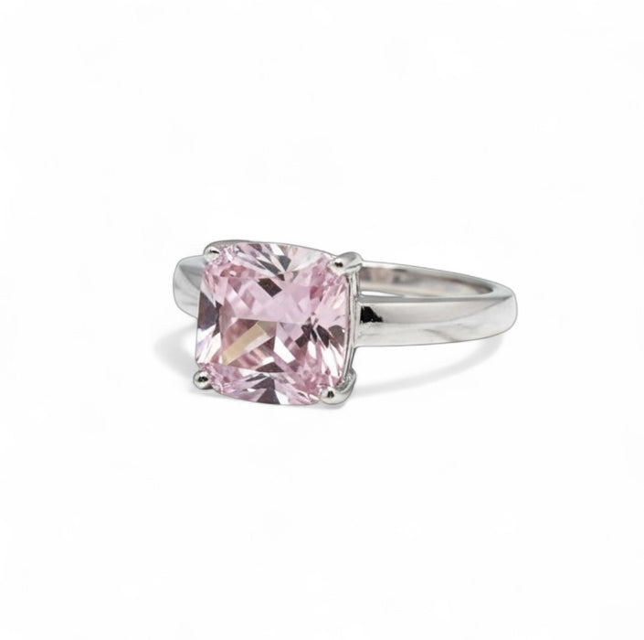 Cushion Cut Pink CZ Sterling Silver Ring-AE-02