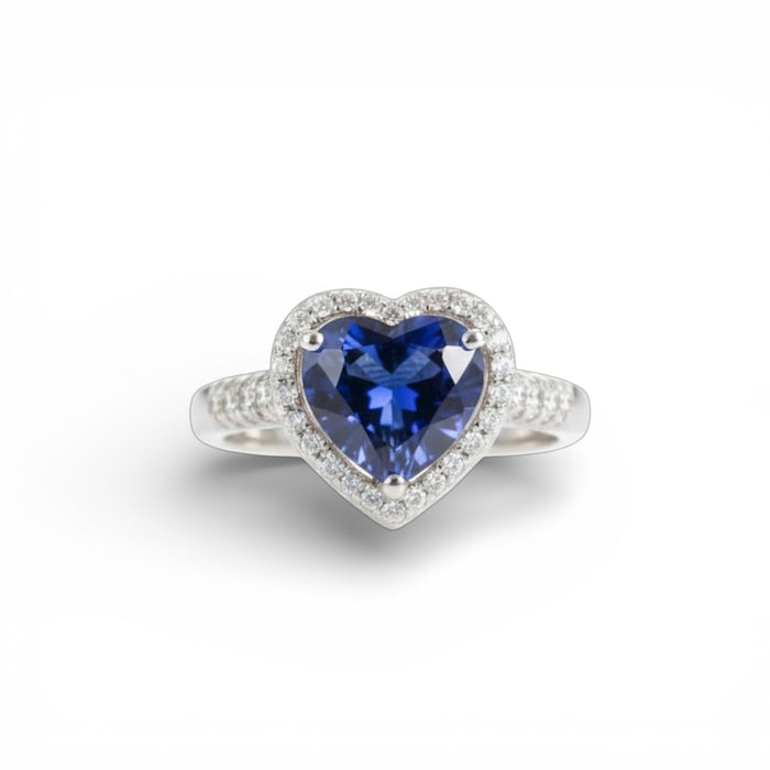 Sterling Silver Blue Sapphire Heart Halo CZ Ring -AE-49