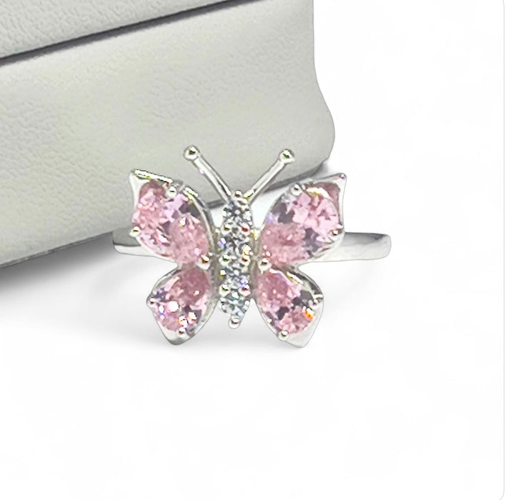 Sterling Silver Large Pink CZ Butterfly Ring-AE-99