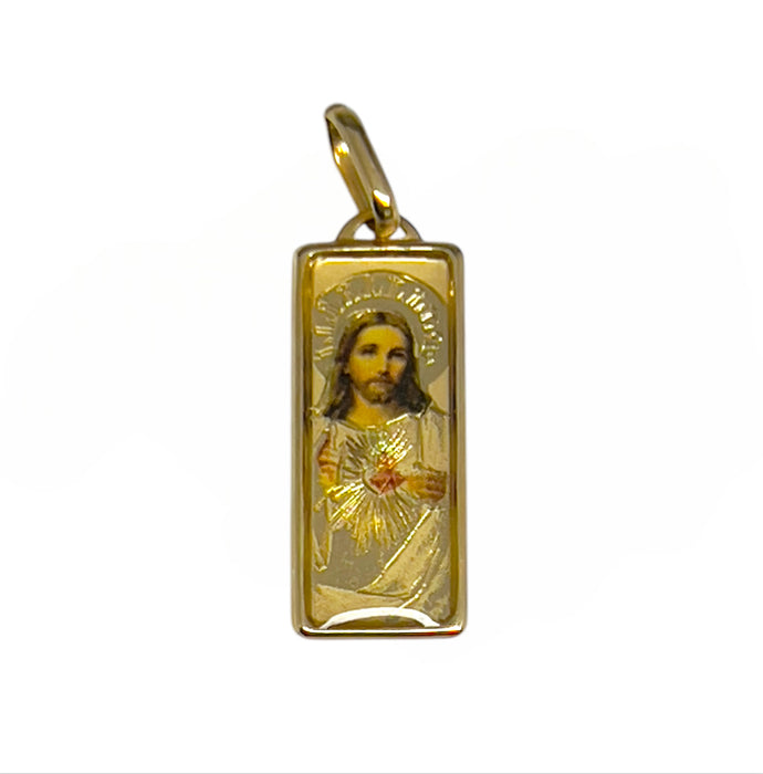 Solid Gold 10K Yellow Jesus Heart Enamel Picture Pendant GP-13