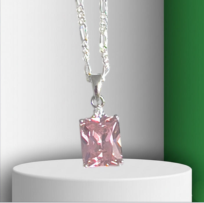 Sterling Silver Rectangular Pink CZ Necklace-SN-15