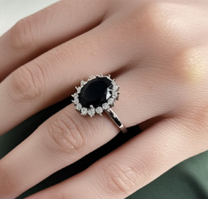 Sterling Silver Black Oval CZ Ring-AE-92