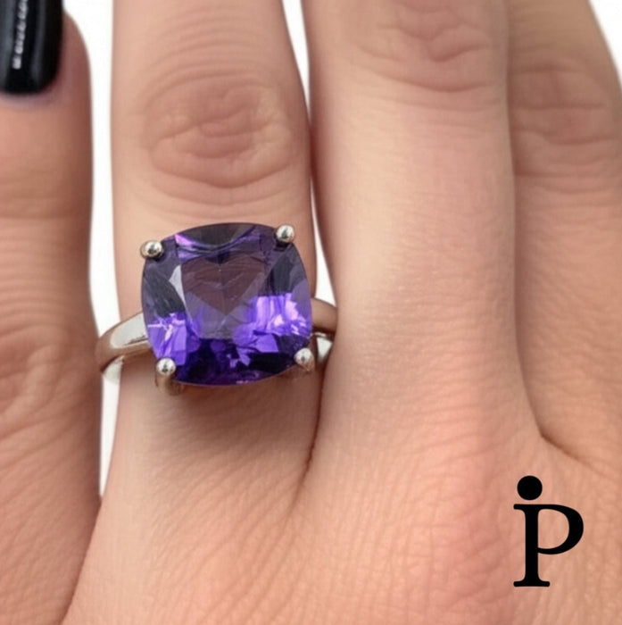 Sterling Silver Cushion Cut Amethyst CZ Ring-AE-18
