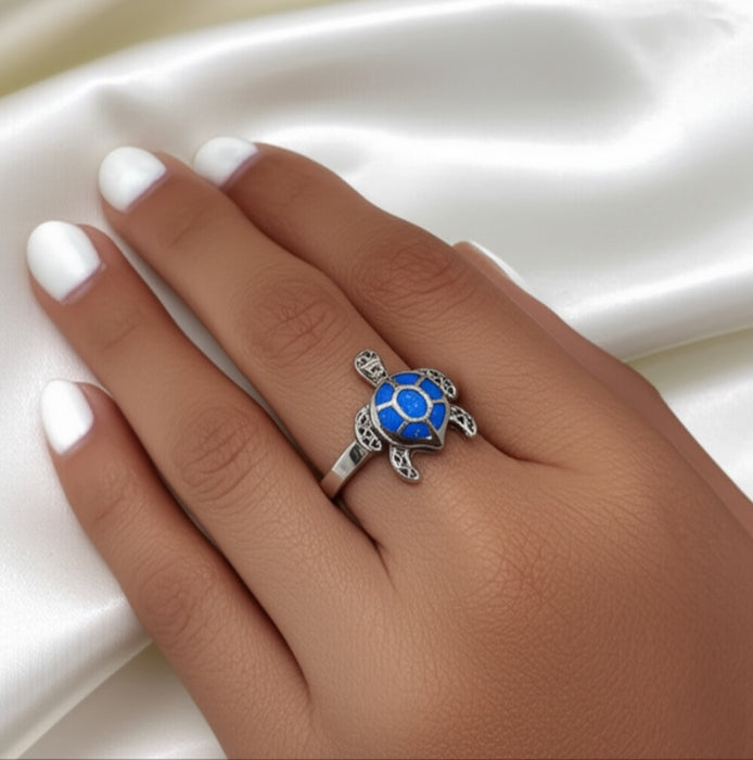 Sterling Silver Blue Opal Turtle Ring-SR-08