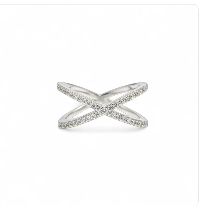 Sterling Silver Intertwining X CZ Ring-AE-62