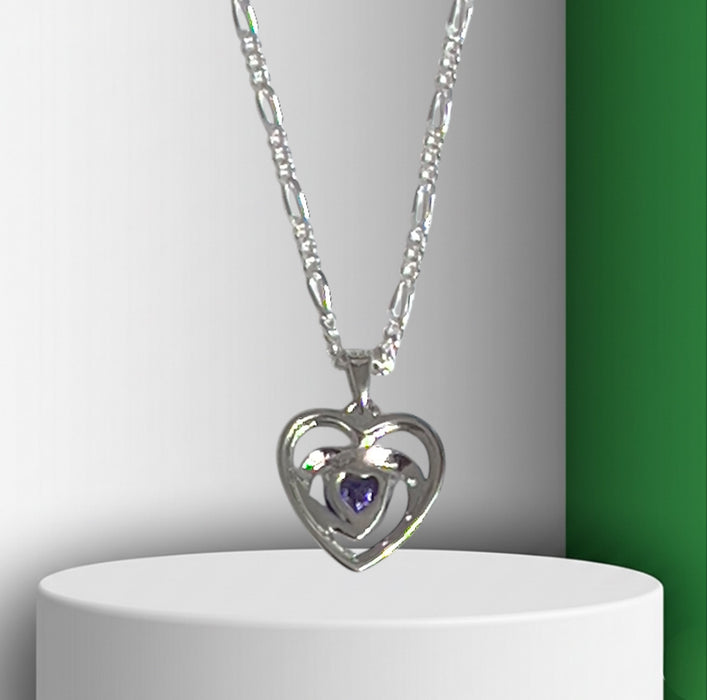 Sterling Silver Precious Heart Dark Violet CZ Necklace-SN-10