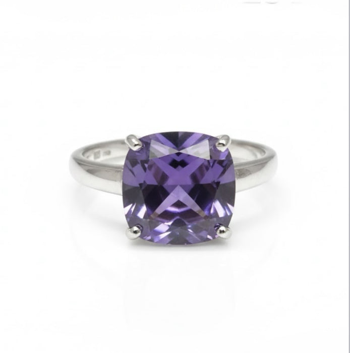 Sterling Silver Cushion Cut Amethyst CZ Ring-AE-18