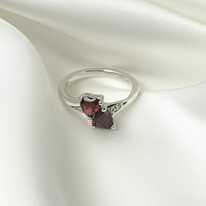 Sterling Silver Double Heart Garnet CZ Ring-AE-23
