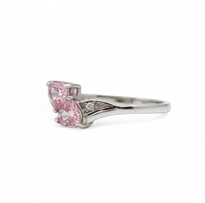 Sterling Silver Double Heart Pink CZ Ring-AE-01