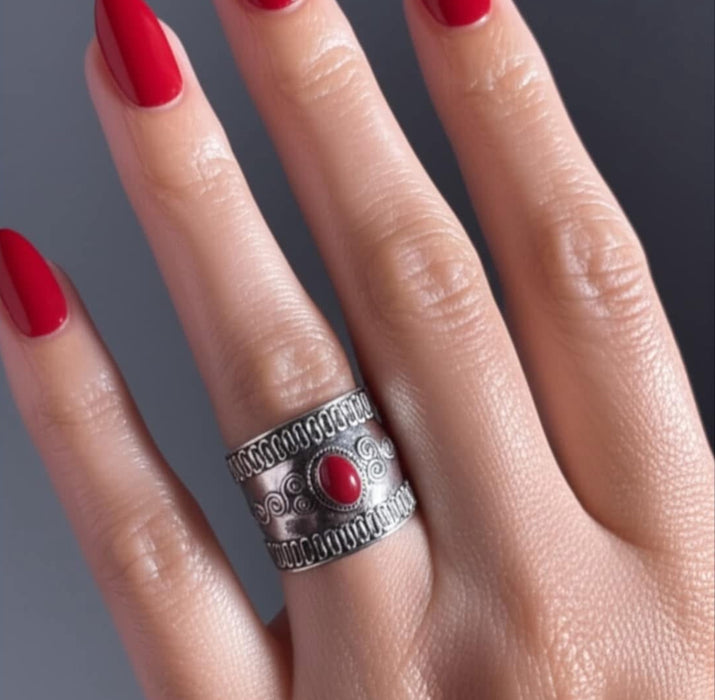 Sterling Silver Bali Style Red Coral Stone Ring-SR-49