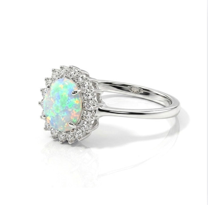 Sterling Silver Oval White Lab Opal CZ Ring-AE-37