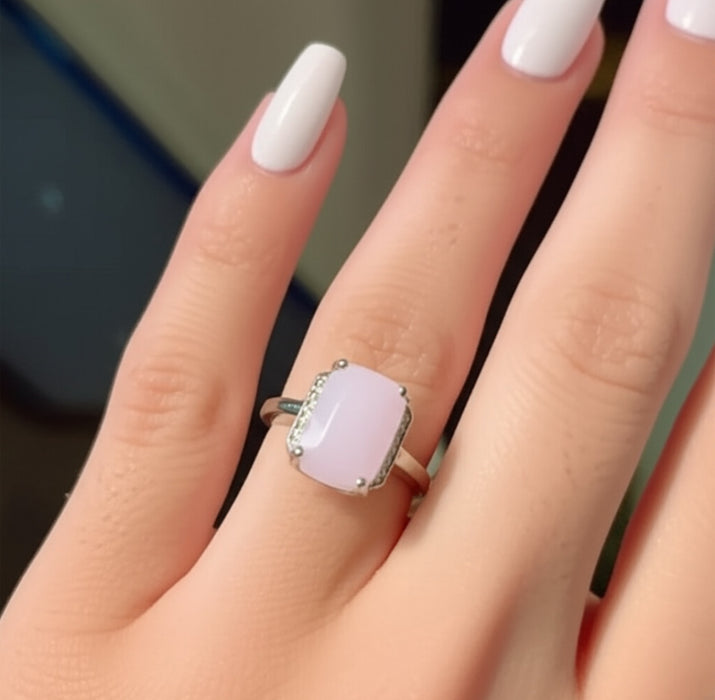 Sterling Silver Big Pink Rectangle Ring-AE-98
