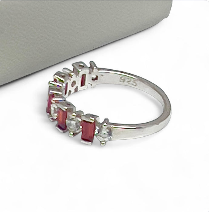 Sterling Silver Round & Baguette Garnet CZ Ring -AE-27