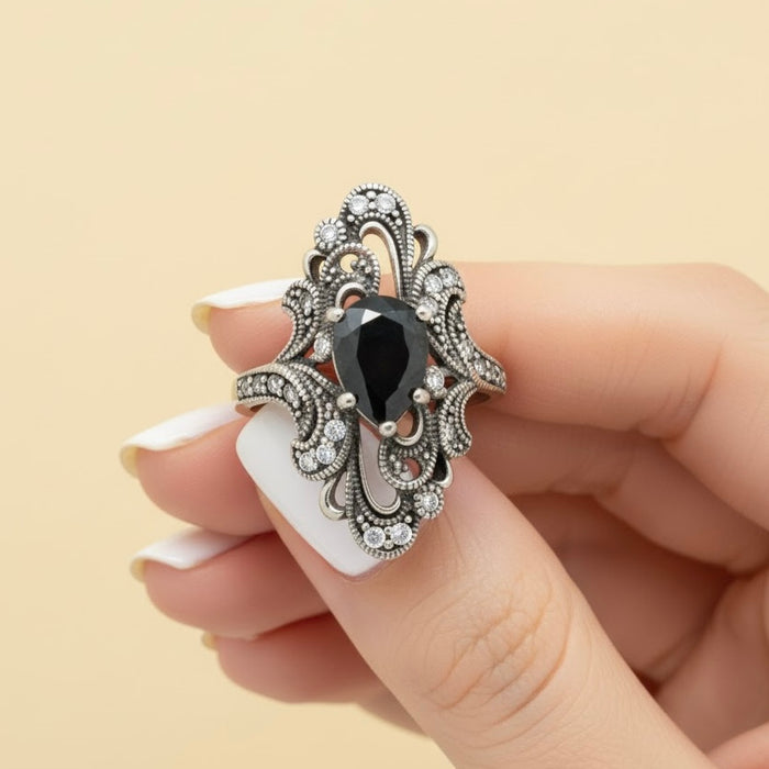 Sterling Silver Pear Shape Black Onyx Marcasite Ring-AE-43