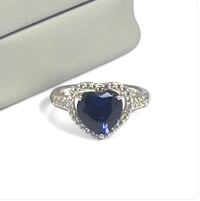 Sterling Silver Blue Sapphire Heart Halo CZ Ring -AE-49