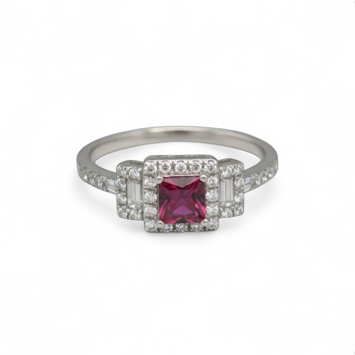 Sterling Silver Rectangular Garnet CZ Ring-AE-08