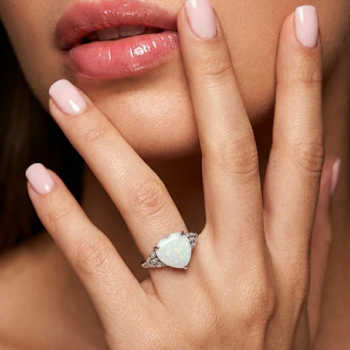 Sterling Silver Plump Pear Shape White Lab Opal Clear CZ Ring-AE-42