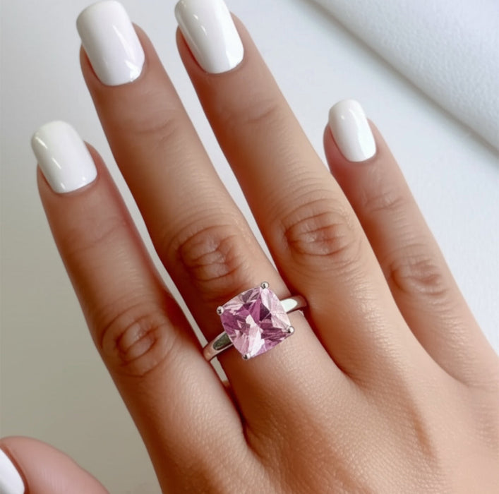 Cushion Cut Pink CZ Sterling Silver Ring-AE-02