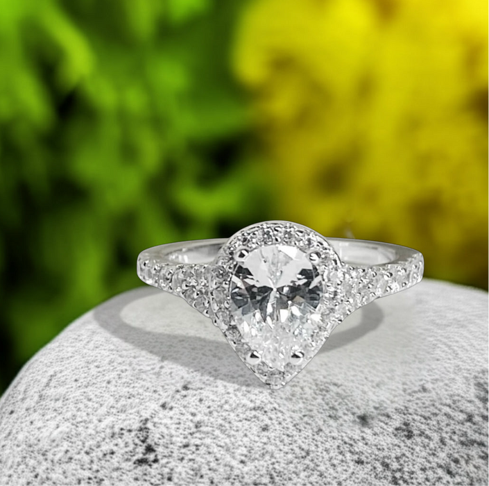 Sterling Silver Pear & Halo Cut CZ Ring-ER-48
