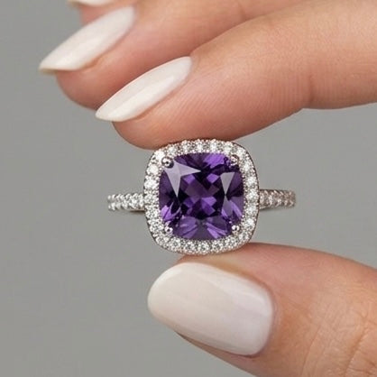 Sterling Silver Cushion Cut Amethyst CZ Ring AE-05
