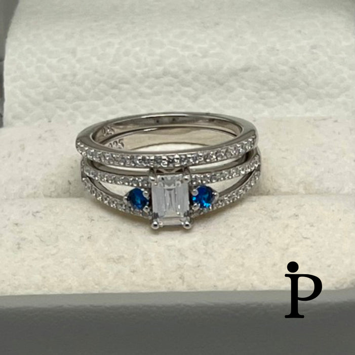 Sterling Silver Blue and Clear Cubic Zirconia Wedding Rings-ER-124