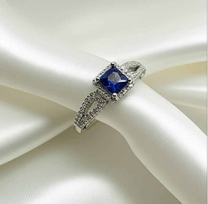 Sterling Silver Princess-Cut Blue CZ Ring- ER-05