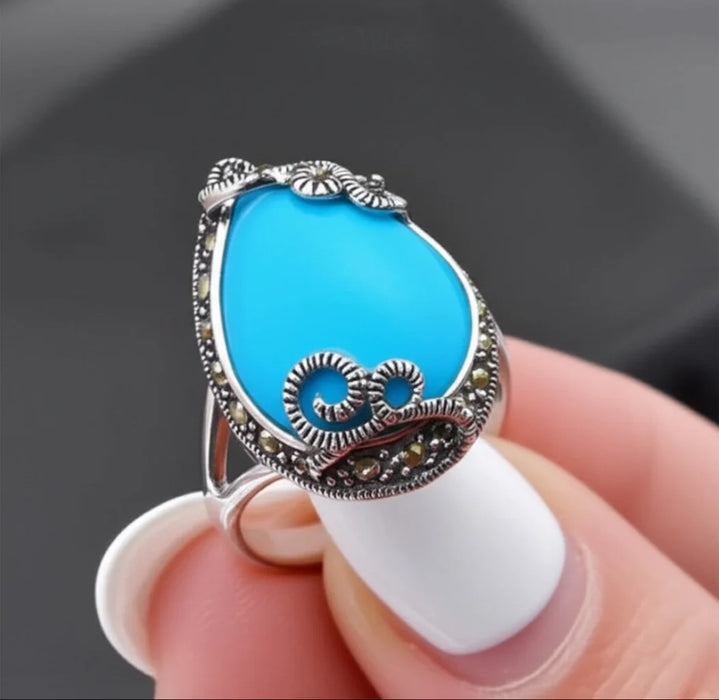 Sterling Silver Pear Shape Simulated Turquoise Marcasite Ring-AE-88