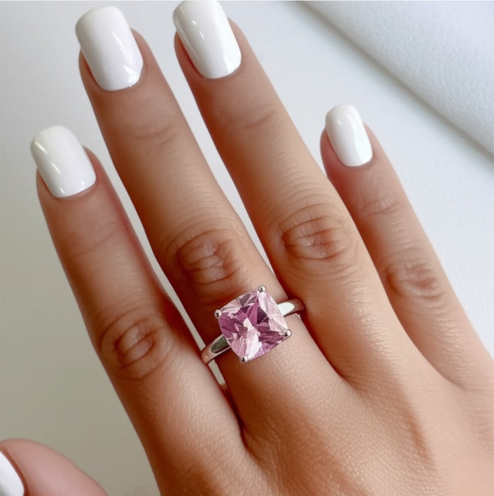 Cushion Cut Pink CZ Sterling Silver Ring-AE-02