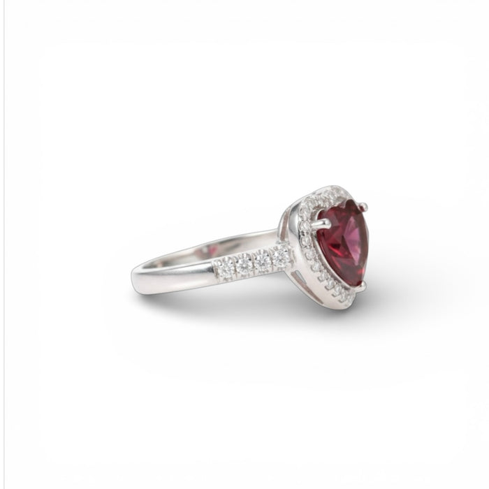 Sterling Silver Garnet Heart Halo CZ Ring-AE-13