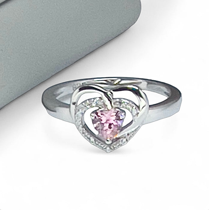 Sterling Silver Precious Heart Pink CZ Ring-AE-64