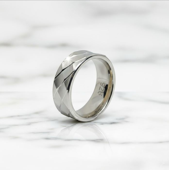 Sterling Silver Diamond Cut Pattern Wedding Band Ring-SW-06