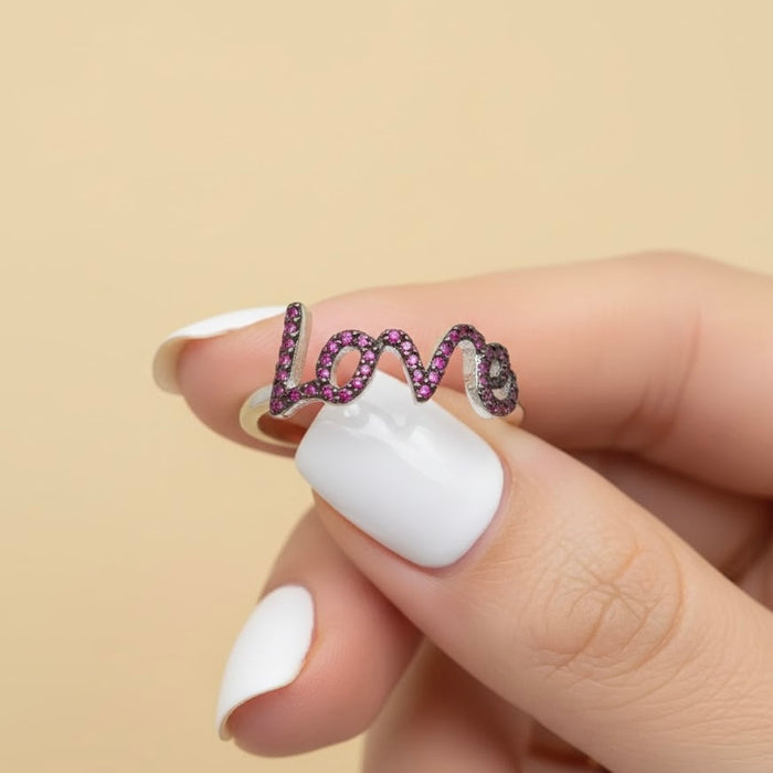 Sterling Silver Love Ruby CZ Ring-AE-38