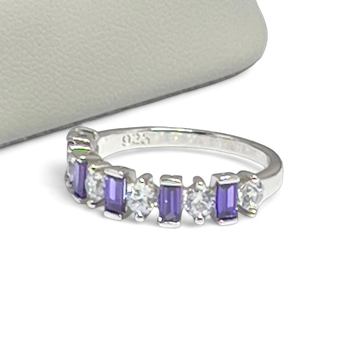 Sterling Silver Baguette Amethyst & White Ring-AE-122