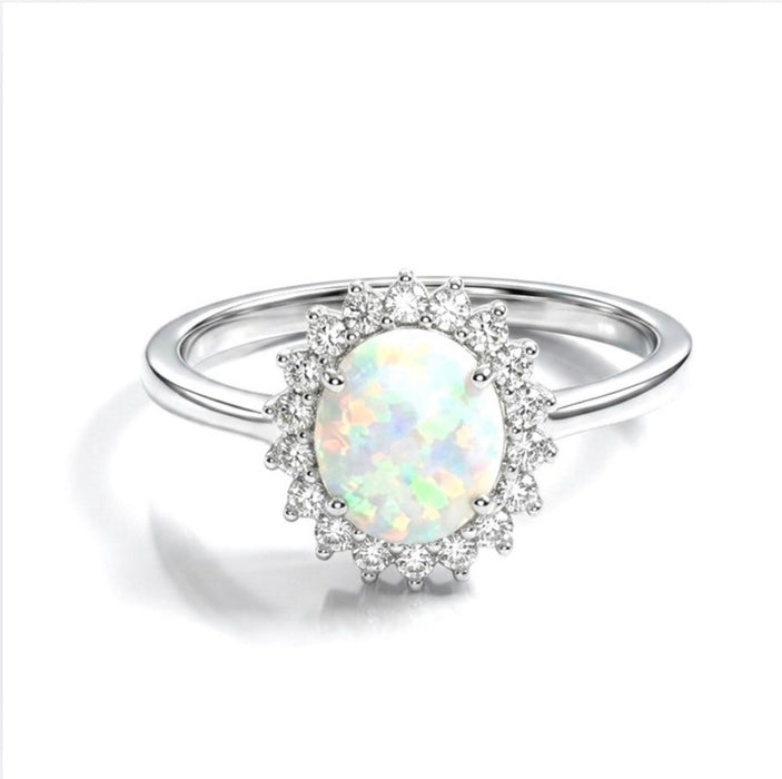 Sterling Silver Oval White Lab Opal CZ Ring-AE-37