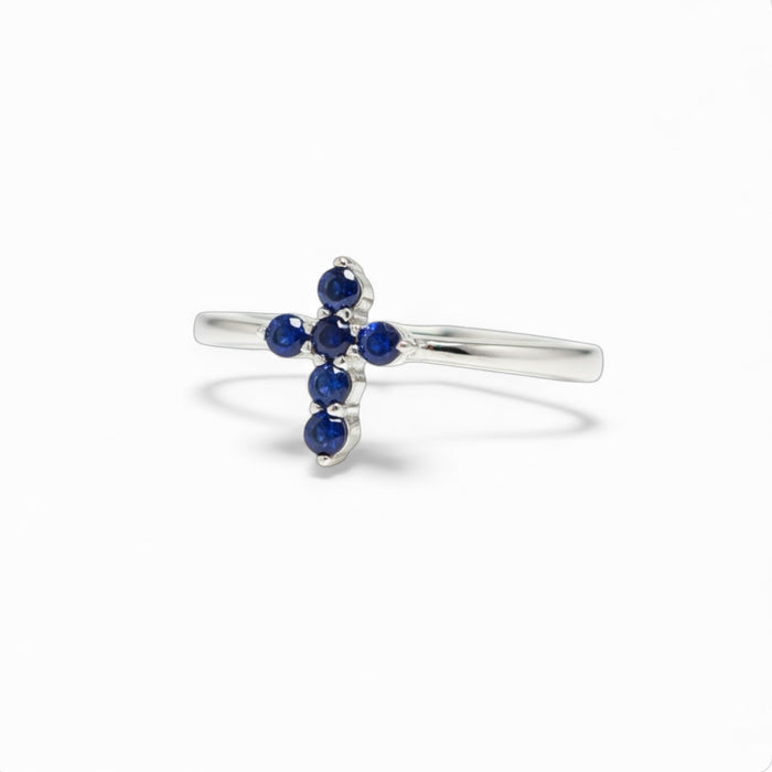 Sterling Silver Cross Blue CZ Ring-AE-85