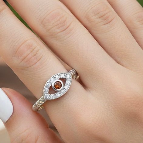 Sterling Silver Dark Garnet Stone Evil Eye CZ Ring-AE-91