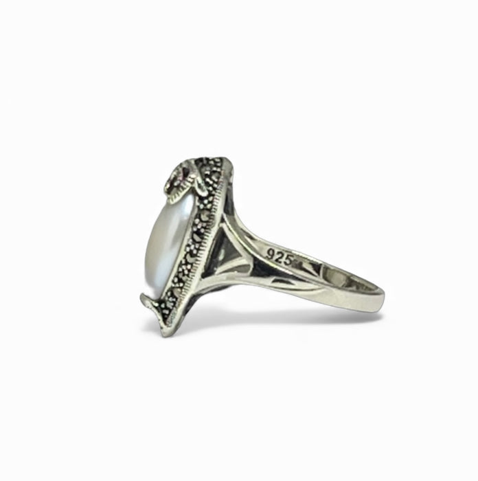 Sterling Silver Pear Shape Mother of Pearl Marcasite Ring-AE-89