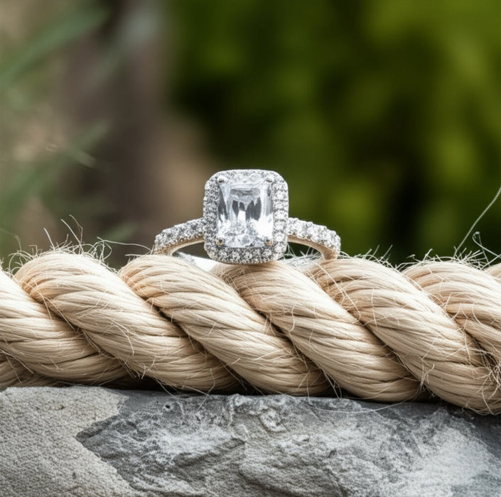 Sterling Silver Emerald CZ Halo Engagement Ring- ER-28