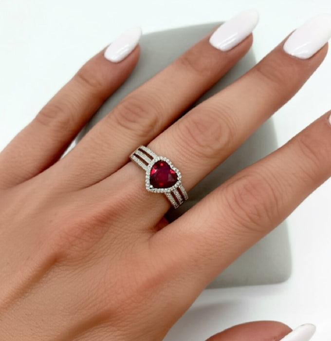 Sterling Silver Ruby Heart CZ Ring-AE-10