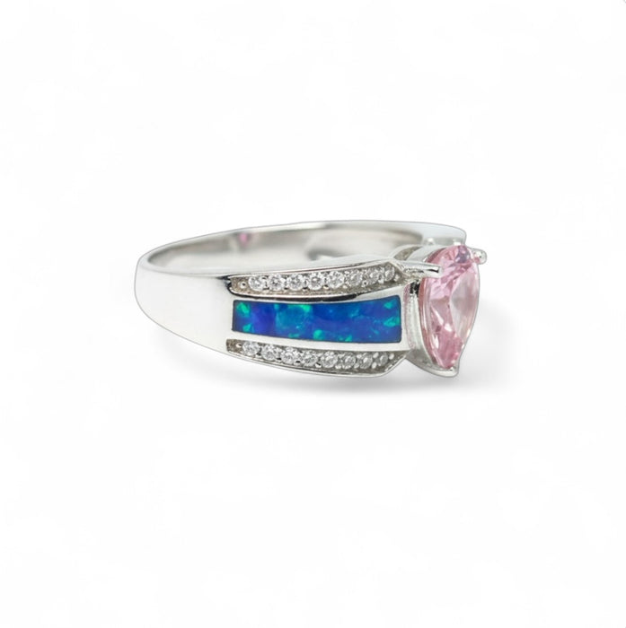 Sterling Silver Brilliant Blue Lab Opal & Pink Pear Cut & Clear CZ Ring  -AE-33