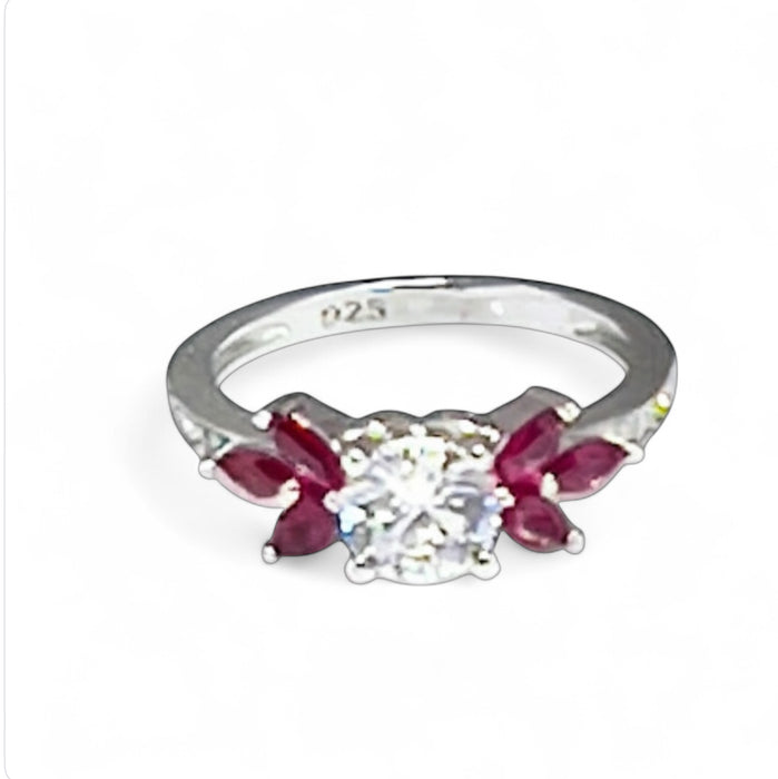 Sterling Silver Flower Leaves Ruby Clear CZ Ring-AE-39