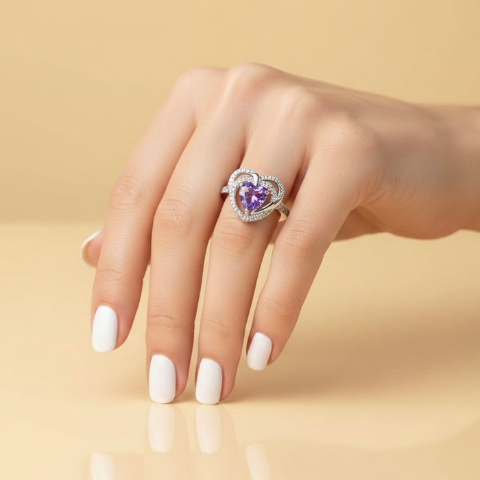 Sterling Silver Precious Heart Amethyst CZ Ring-AE-57