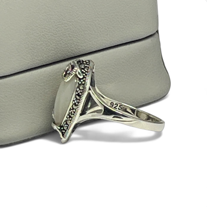 Sterling Silver Pear Shape Mother of Pearl Marcasite Ring-AE-89