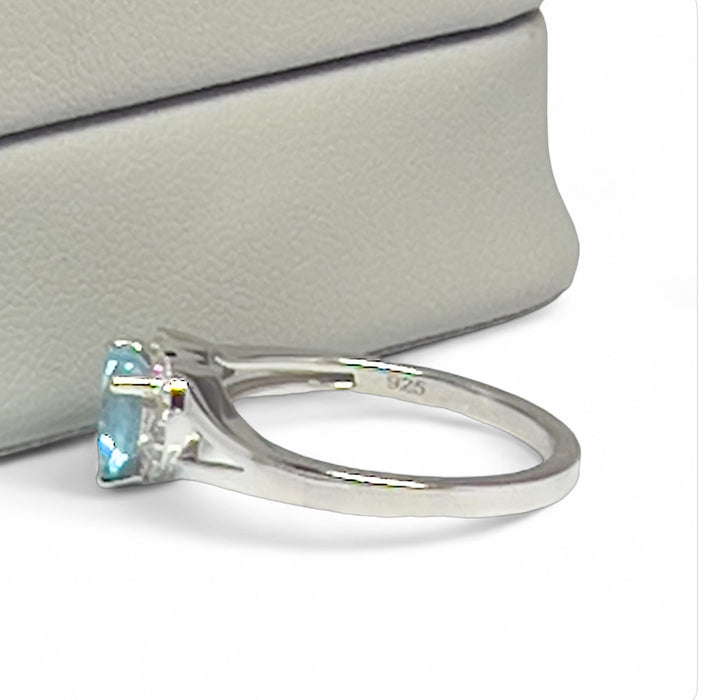 Sterling Silver Heart Aquamarine Cubic Zirconia Ring-AE-95
